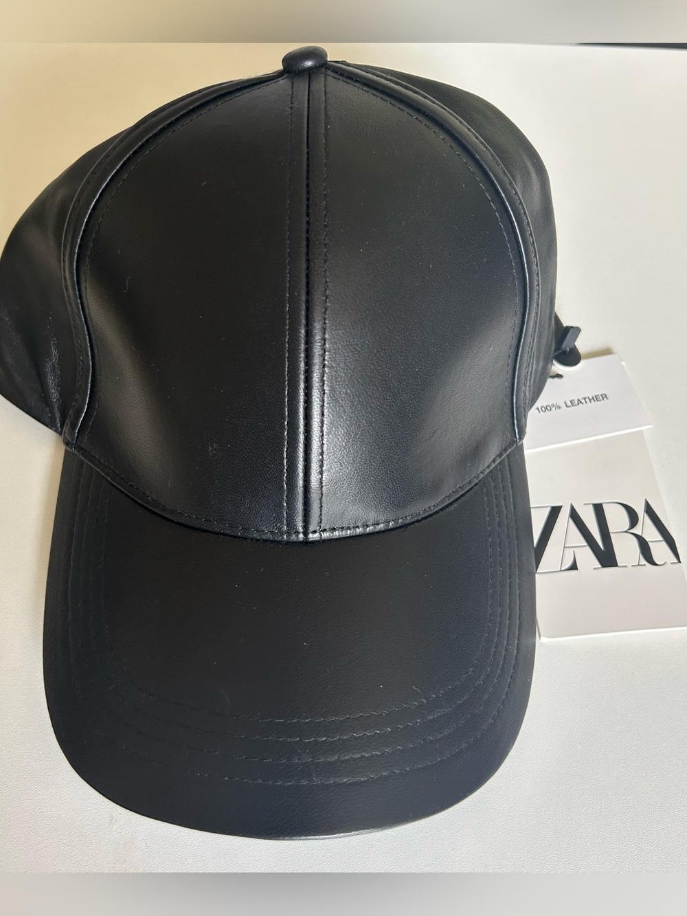 Zara Genuine Real Leather Baseball Cap Matte Black NWT